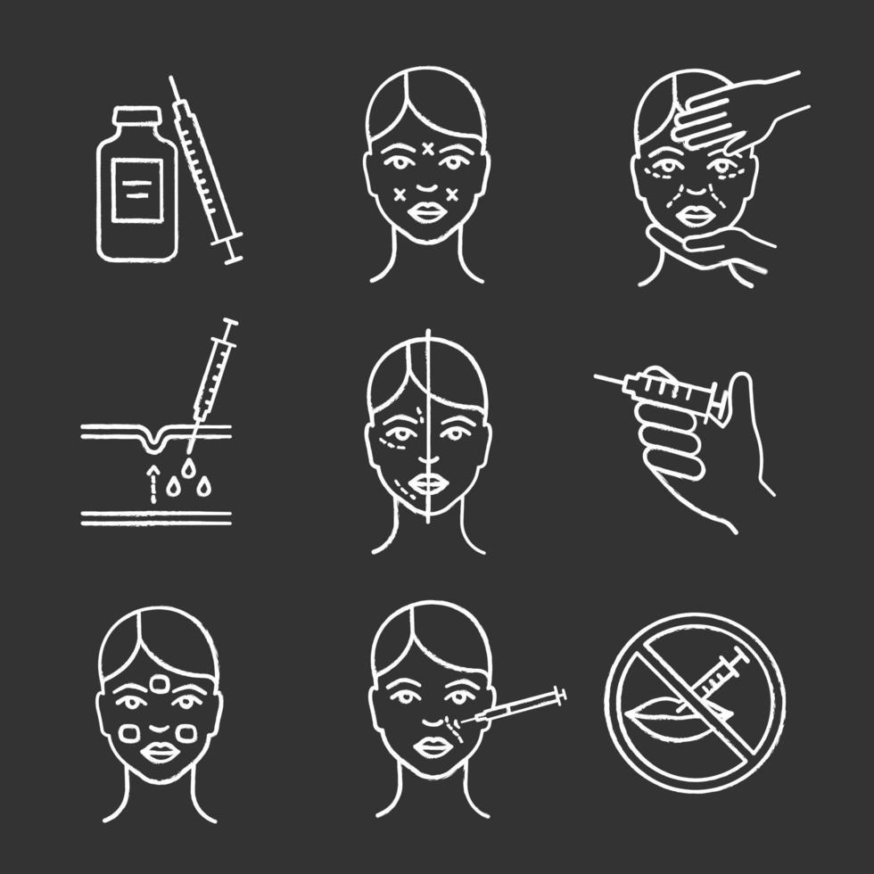 Neurotoxin injection chalk icons set. Vial and syringe, facial markup, cosmetologist exam, nasolabial folds injection, facial rejuvenation, cream, prohibition. Isolated vector chalkboard illustrations