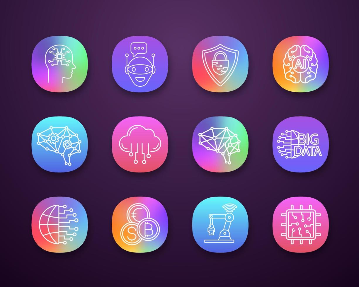 Artificial intelligence app icons set. UI UX user interface. AI. Internet of things. Digital network. Neurotechnology. Web or mobile applications. Vector isolated illustrations