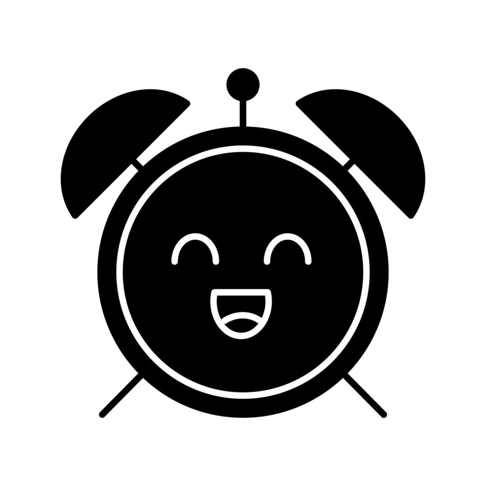 Smiling alarm clock glyph icon. Good morning. Happy morning. Emoji, emoticon. Silhouette symbol. Negative space. Vector isolated illustration