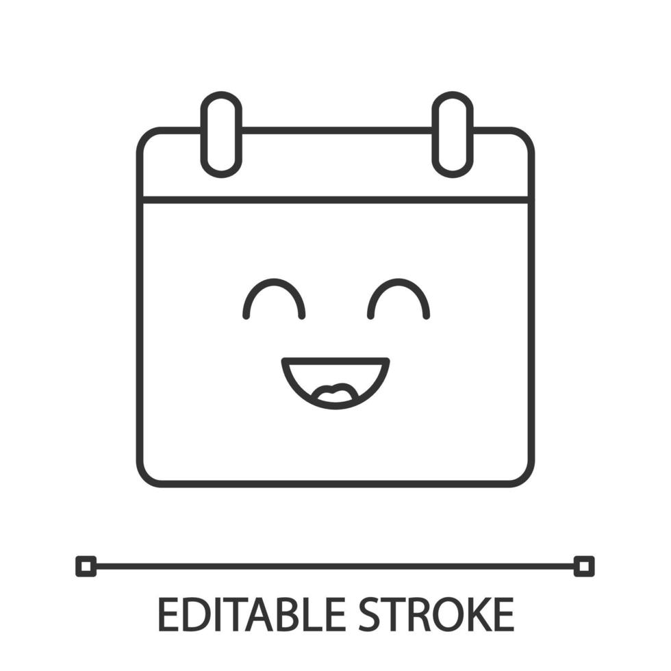 Smiling calendar character linear icon. Happy date. Thin line illustration. Appointment. Reminder, organizer. Contour symbol. Vector isolated outline drawing. Editable stroke