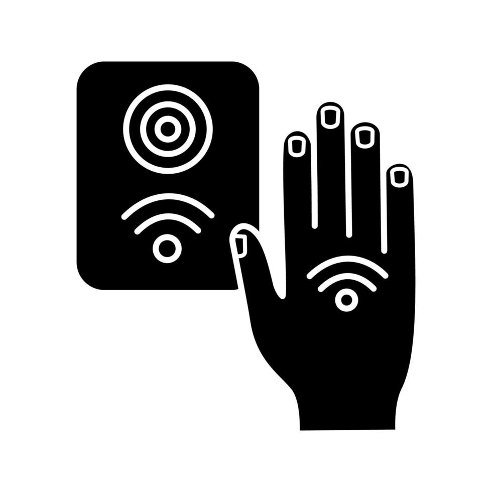 NFC reader glyph icon. RFID access control. Silhouette symbol. NFC button and hand sticker. Near field communication. RFID elevator controller. Negative space. Vector isolated illustration