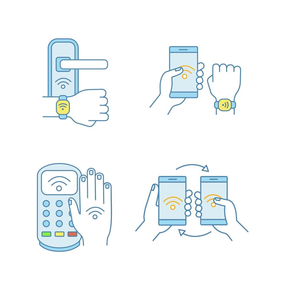 NFC technology color icons set. Near field door lock, bracelet, payment terminal, data transfer. Isolated vector illustrations