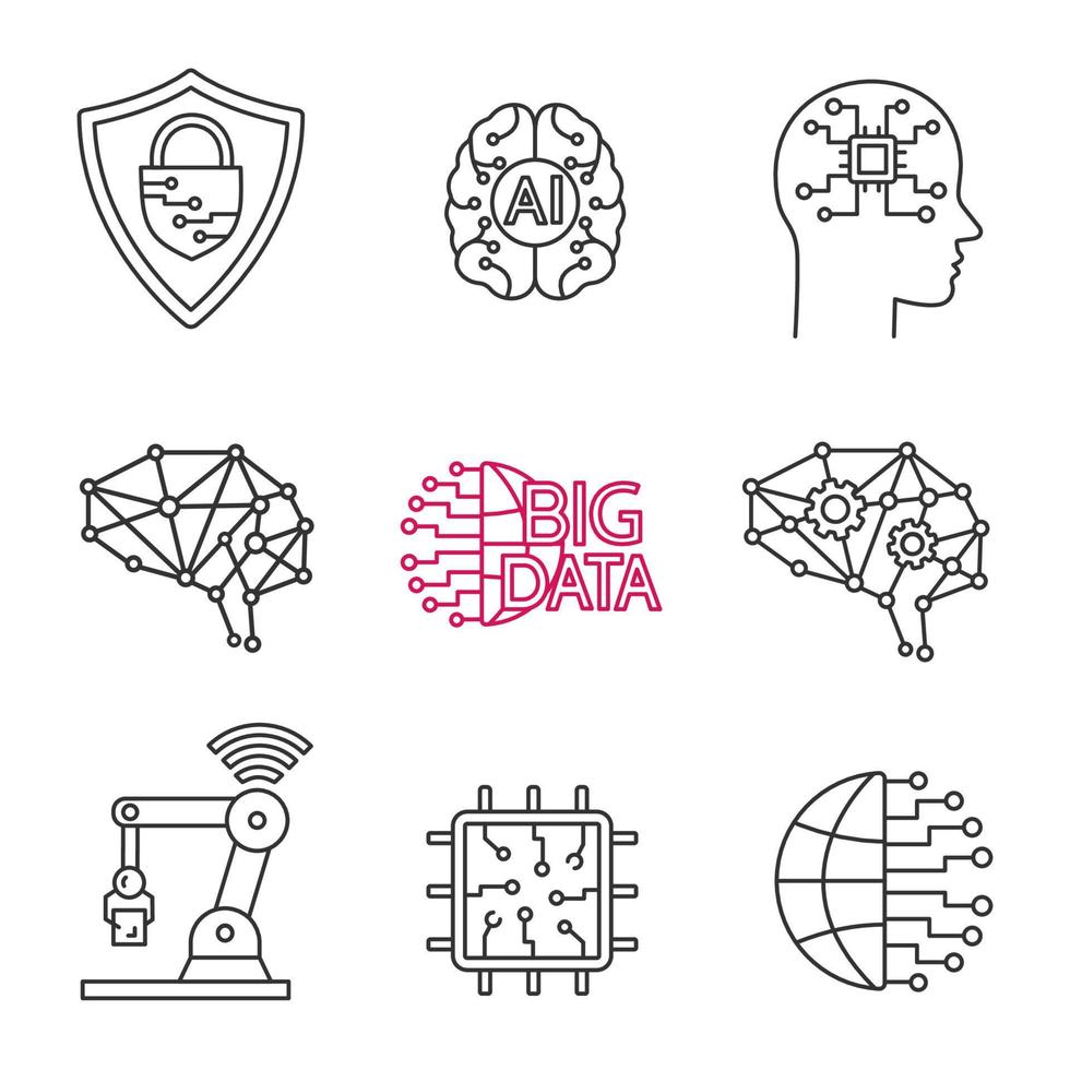 Artificial intelligence linear icons set. Neurotechnology. Cybersecurity, ai, big data, iot, internet of things, chip. Thin line contour symbols. Isolated vector outline illustrations. Editable stroke