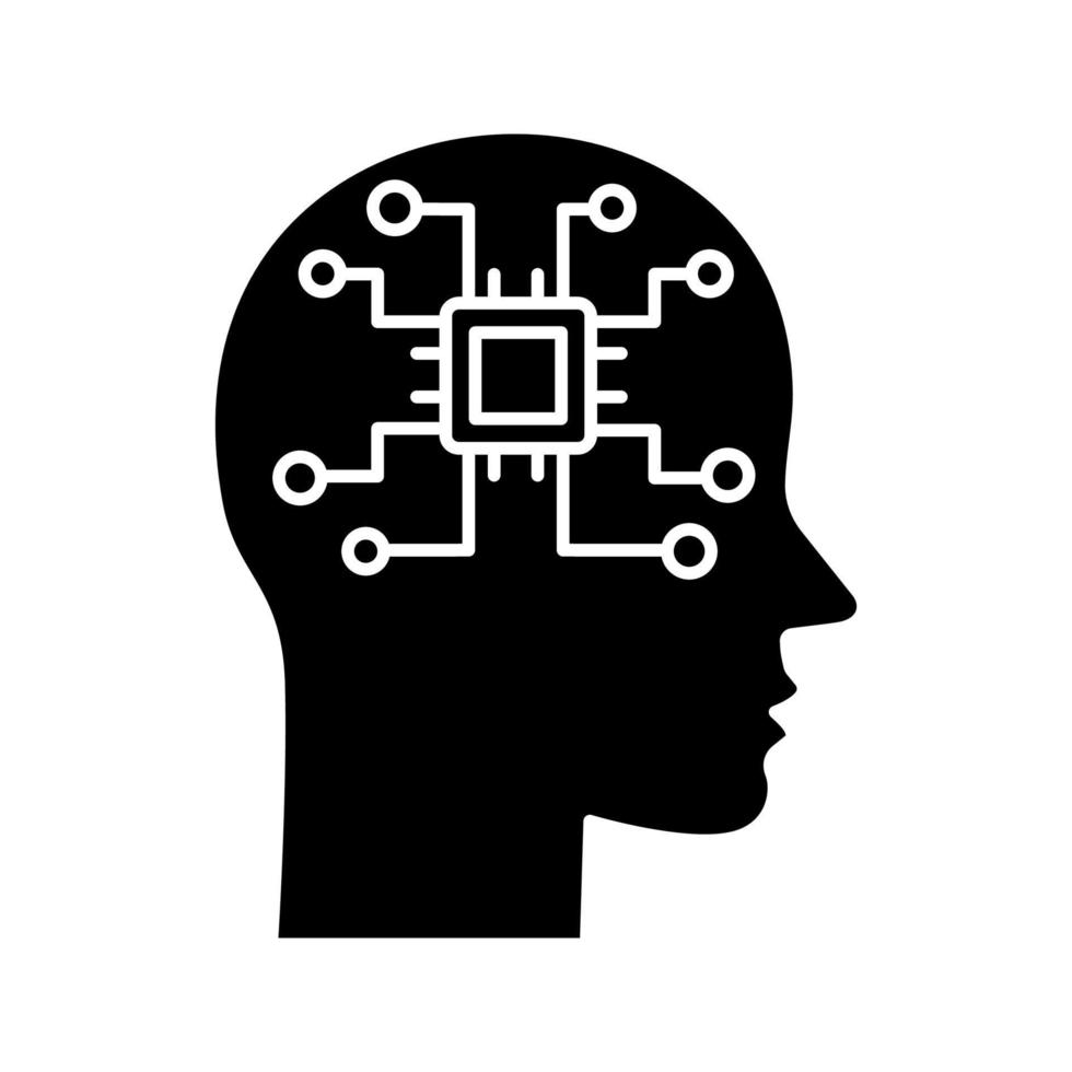 Artificial intelligence glyph icon. Silhouette symbol. Robot. Human head with chip digital network. Robotics. Negative space. Vector isolated illustration