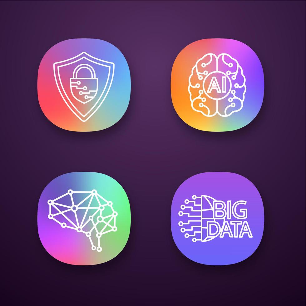 Artificial intelligence app icons set. UI UX user interface. AI, neural network, cybersecurity, big data. Web or mobile applications. Vector isolated illustrations