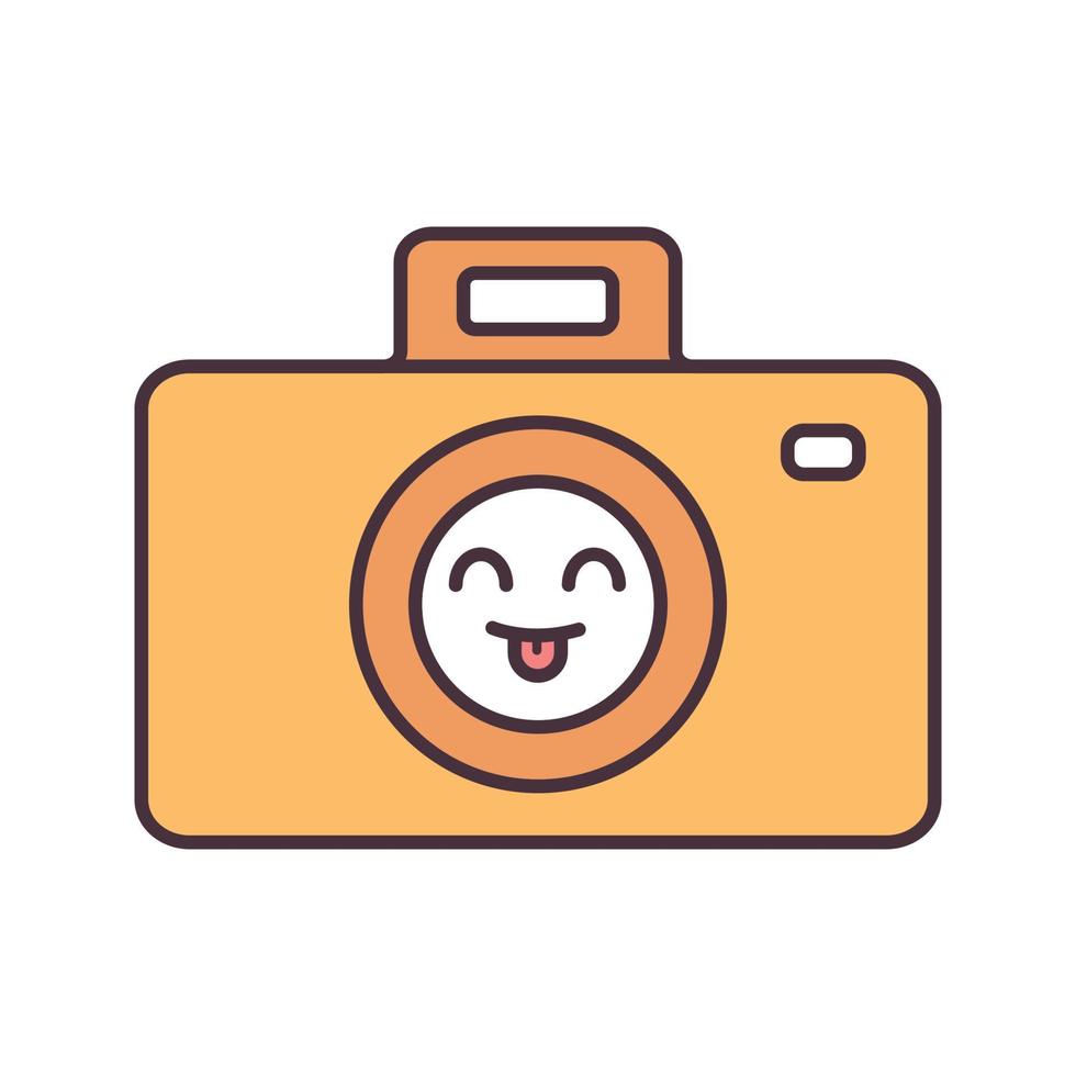 Smiling photo camera color icon. Easy photographing. Happy photo camera. Emoji, emoticon. Isolated vector illustration