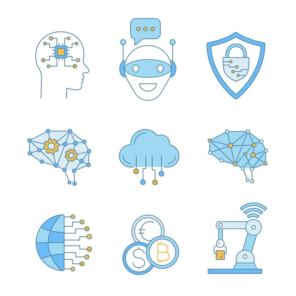 conjunto de iconos de colores de inteligencia artificial. ai. chatbot, ciberseguridad, neurotecnología, cloud computing, big data, internet de las cosas, cerebro digital, cambio de divisas. ilustraciones de vectores aislados