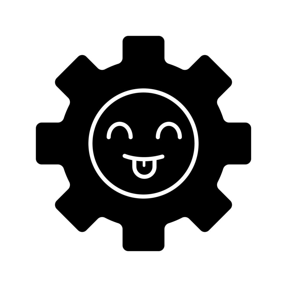 Smiling cogwheel glyph icon. Happy gear. Progress process. Happy innovation. Emoji, emoticon. Silhouette symbol. Negative space. Vector isolated illustration