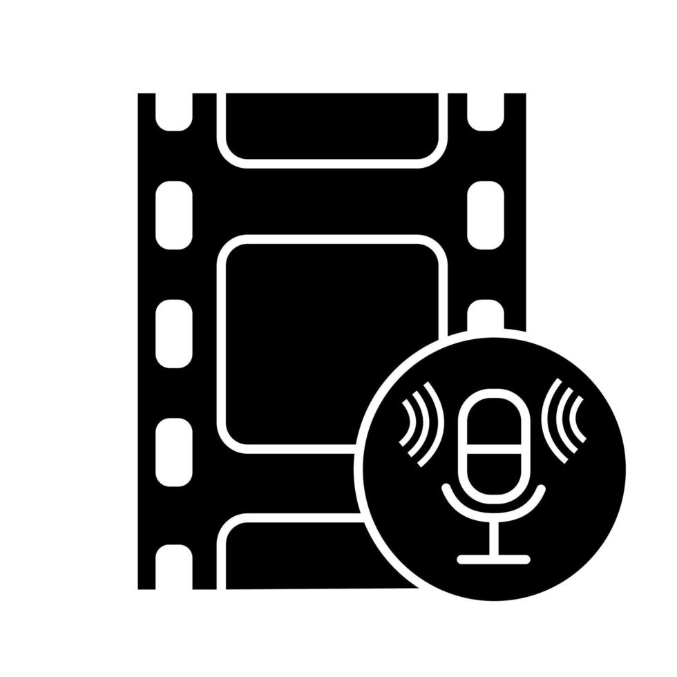 Audio recording glyph icon. Audio tape, cassette. Sound recording. Voice acting. Filmstrip and microphone. Silhouette symbol. Negative space. Vector isolated illustration