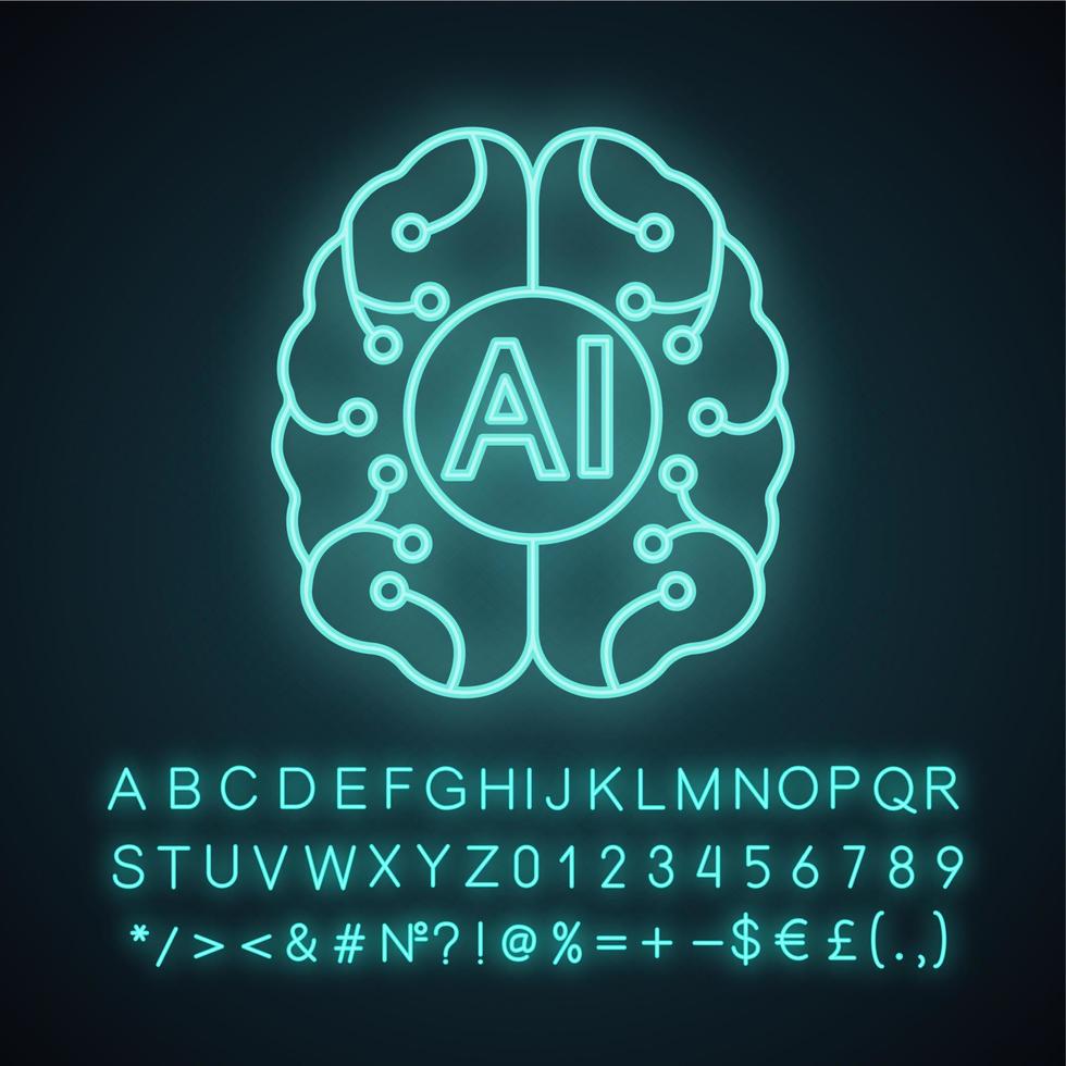 Artificial intelligence neon light icon. Digital brain. Neurotechnology. AI. Glowing sign with alphabet, numbers and symbols. Vector isolated illustration