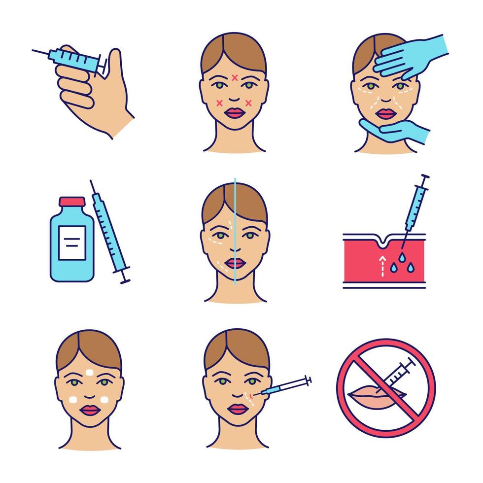 Neurotoxin injection color icons set. Vial, syringe, facial markup, cosmetologist exam, nasolabial folds subcutaneous injection, facial rejuvenation, cream, prohibition. Isolated vector illustrations