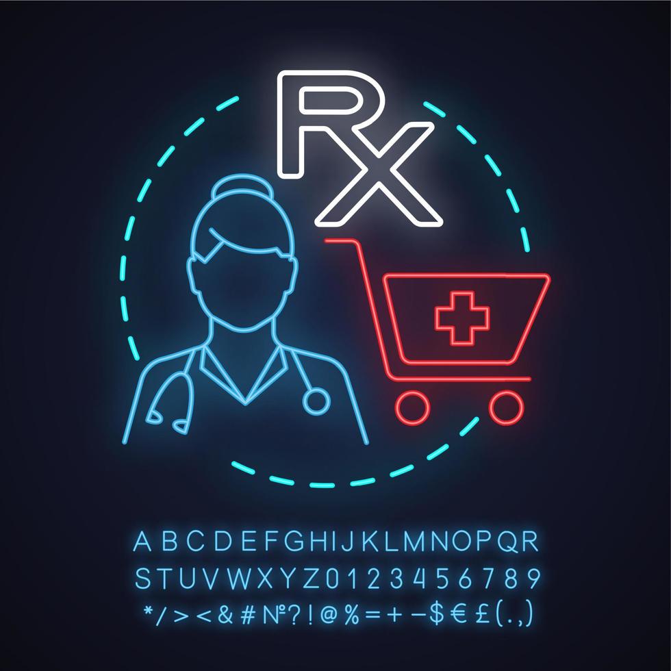 Drugstore neon light concept icon. Pharmacy idea. RX. Medical store. Glowing sign with alphabet, numbers and symbols. Vector isolated illustration
