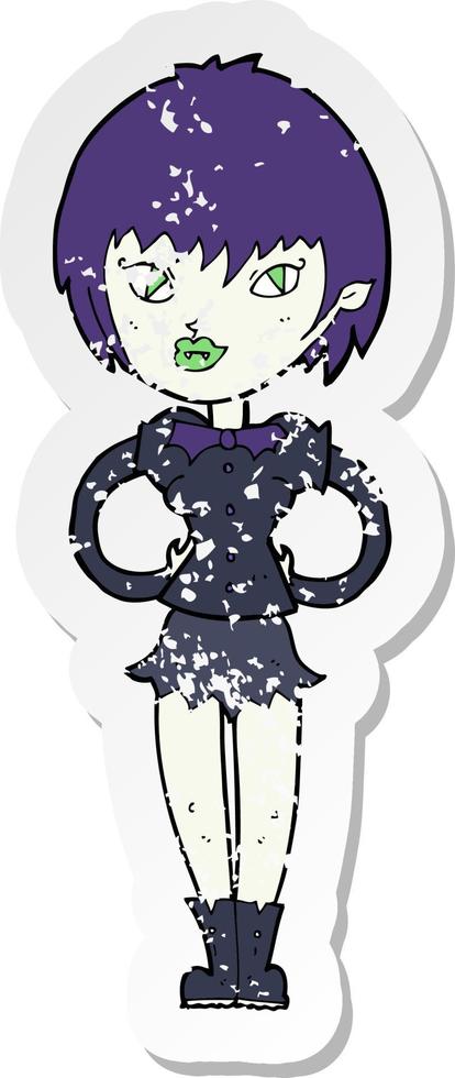 retro distressed sticker of a cartoon pretty vampire girl vector