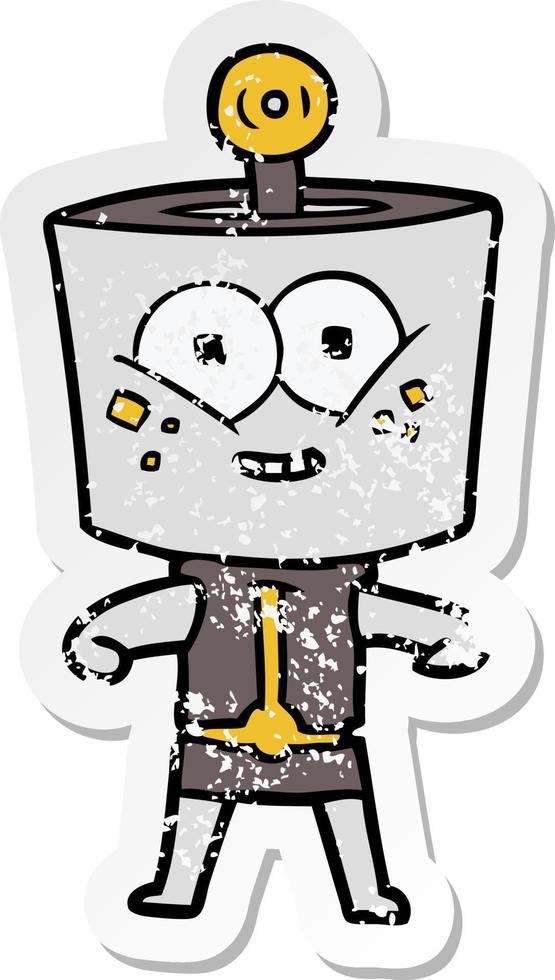 distressed sticker of a happy cartoon robot vector