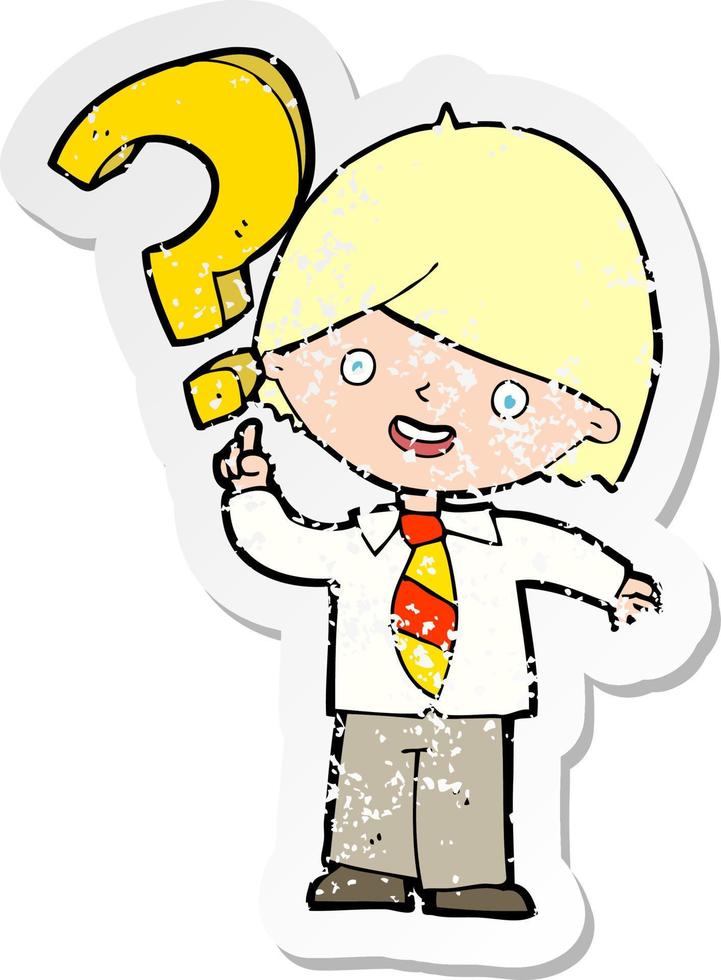 retro distressed sticker of a cartoon boy with question vector