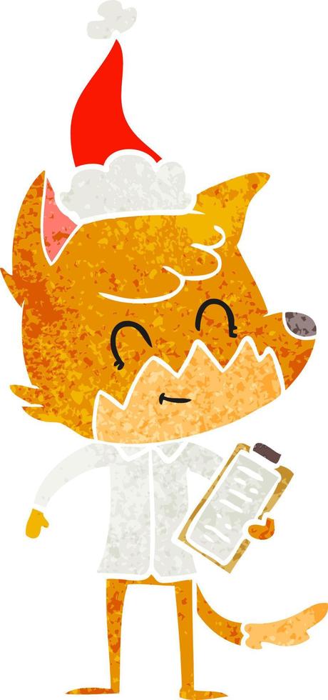 retro cartoon of a friendly fox manager wearing santa hat vector