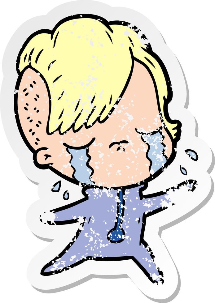 distressed sticker of a cartoon crying girl wearing space clothes vector