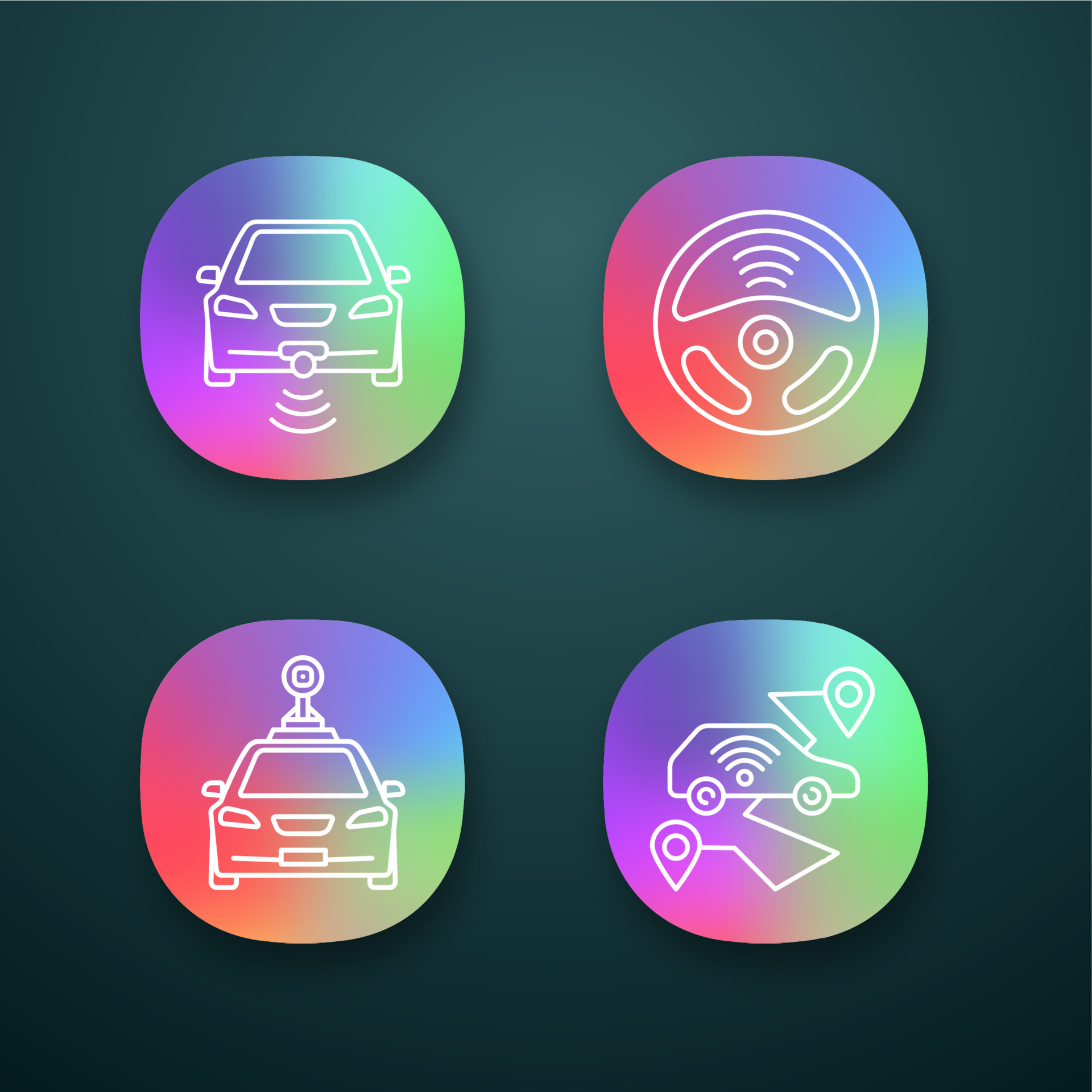 Smart cars app icons set. NFC autos. Intelligent vehicles. Self driving