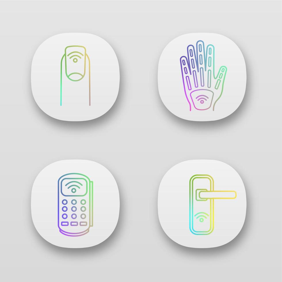 conjunto de iconos de aplicaciones de tecnología nfc. manicura de campo cercano, implante de mano, terminal pos, cerradura de puerta. interfaz de usuario ui ux. aplicaciones web o móviles. Ilustraciones de vectores aislados