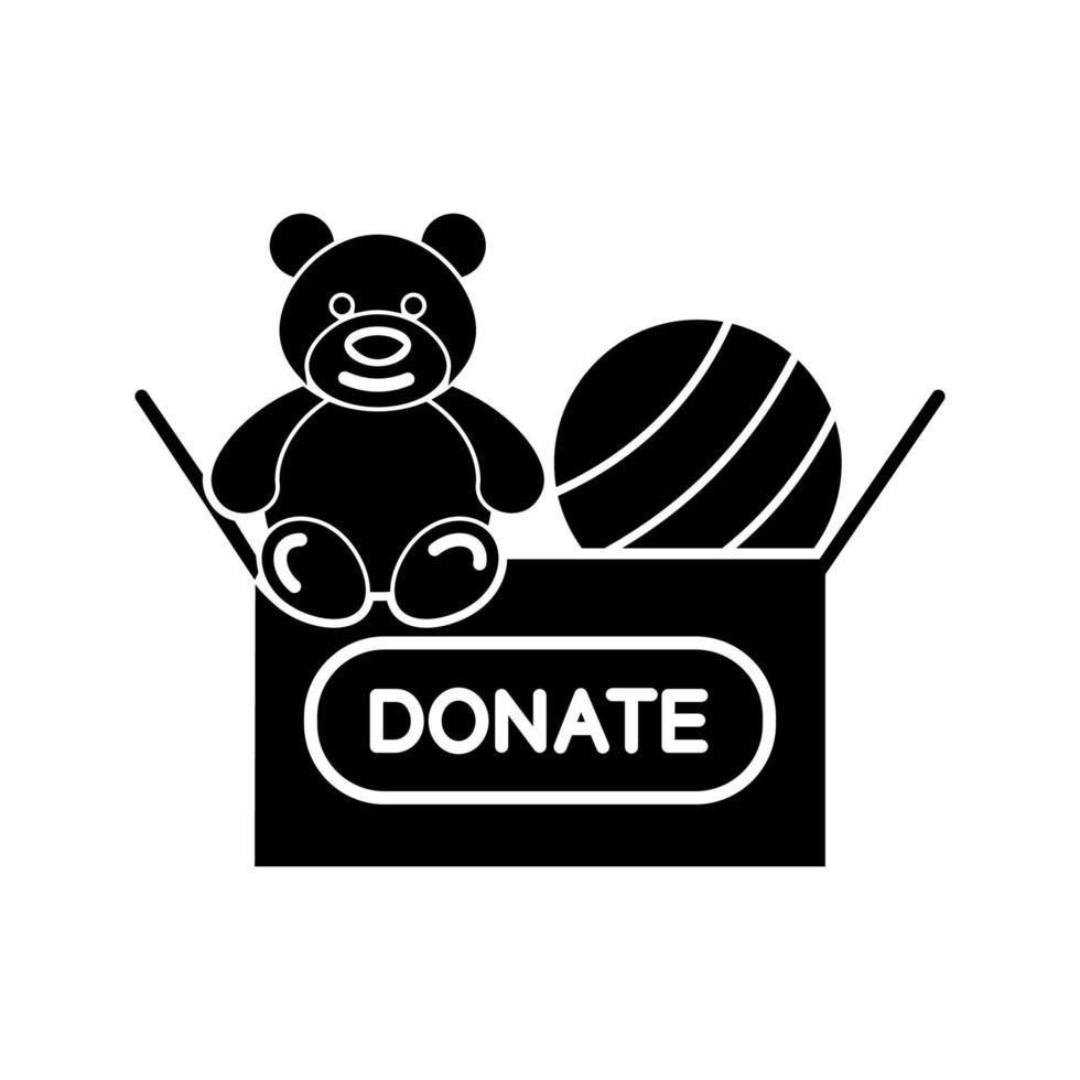Toys donating glyph icon. Silhouette symbol. Charity for children. Donation box with teddy bear and ball. Negative space. Vector isolated illustration