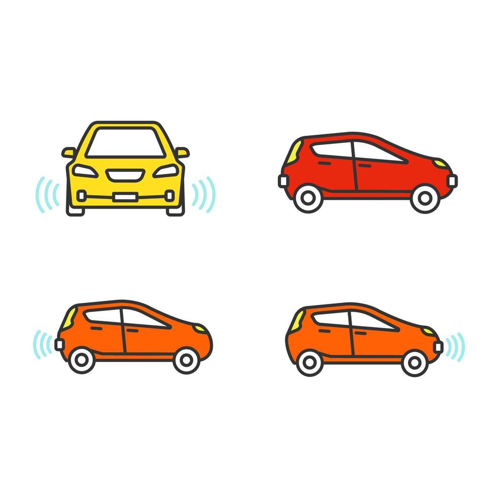 conjunto de iconos de colores de coches inteligentes. autos nfc vehículos inteligentes. automóviles autónomos. coches autónomos. vehículos sin conductor. ilustraciones de vectores aislados