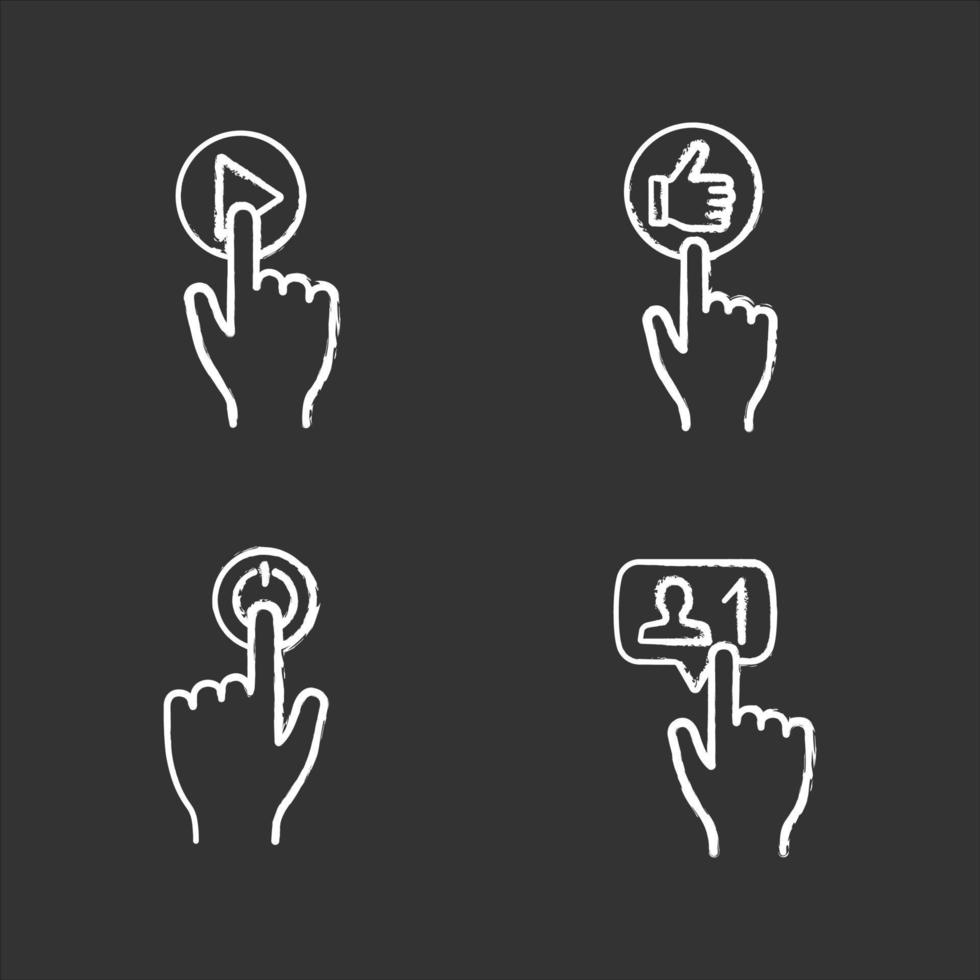 App buttons chalk icons set. Click. Play, like, power, new follower notification. Isolated vector chalkboard illustrations