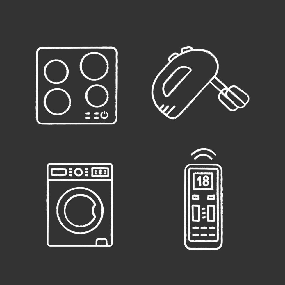 Household appliance chalk icons set. Electric induction hob, handheld mixer, washing machine, air conditioner remote control. Isolated vector chalkboard illustrations