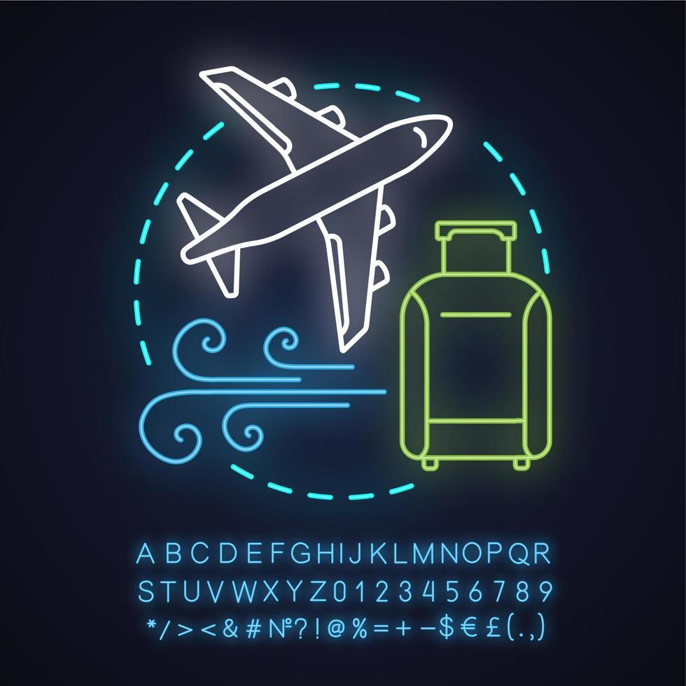Travel agency neon light concept icon. Airport idea. Air transport. Airline flight. Glowing sign with alphabet, numbers and symbols. Vector isolated illustration