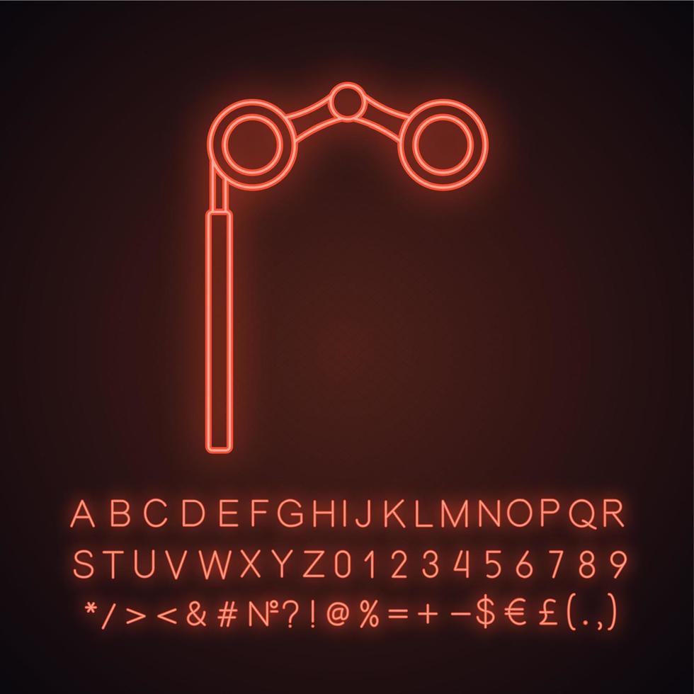 Opera glasses neon light icon. Theater binoculars. Glowing sign with alphabet, numbers and symbols. Vector isolated illustration