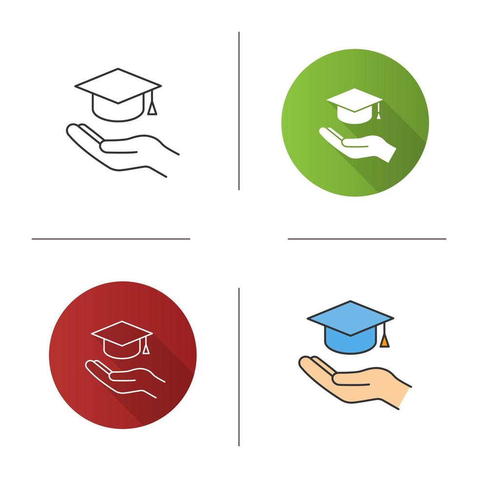 icono de educación accesible o gratuita. diseño plano, estilos lineales y de color. mano abierta con gorro de graduación. obteniendo diploma. ilustraciones de vectores aislados