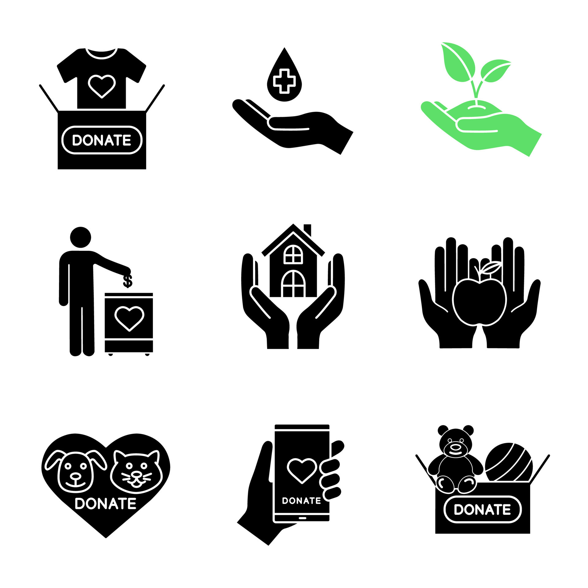 charity-glyph-icons-set-silhouette-symbols-blood-toys-clothes-food