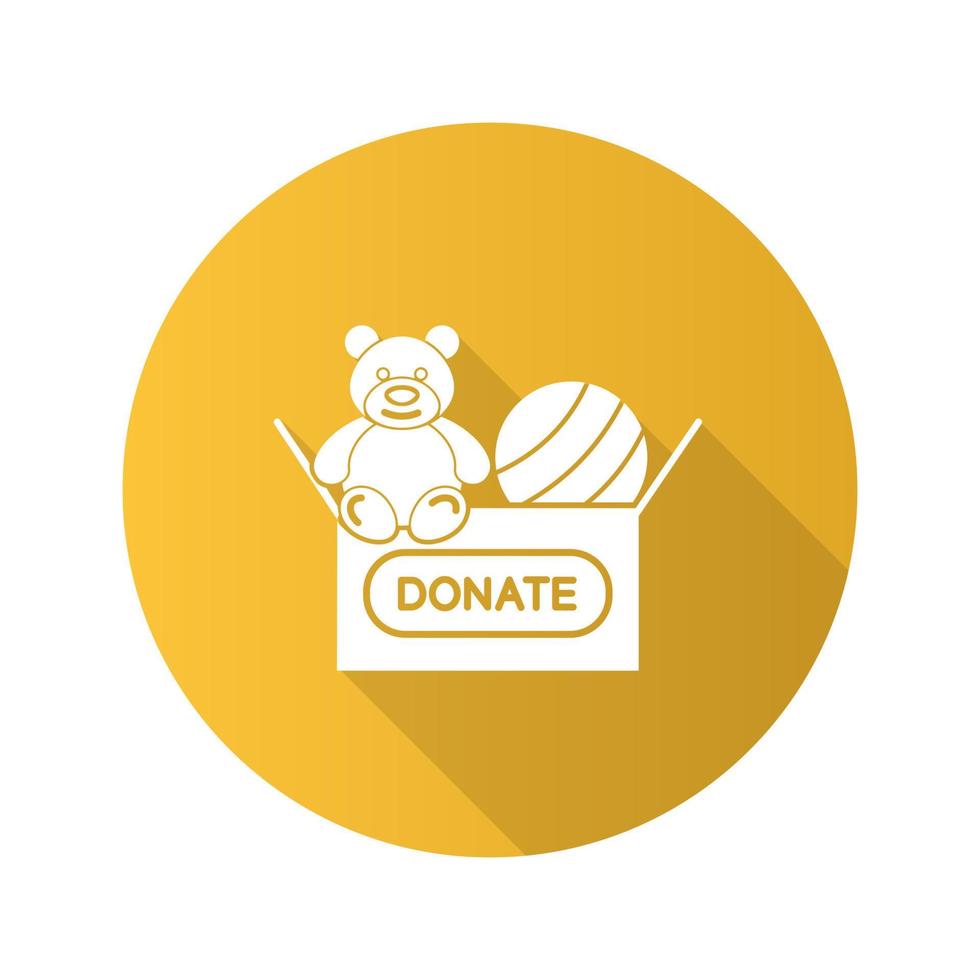 juguetes donando icono de glifo de sombra larga de diseño plano. caridad para los niños. caja de donación con oso de peluche y pelota. ilustración de silueta vectorial vector