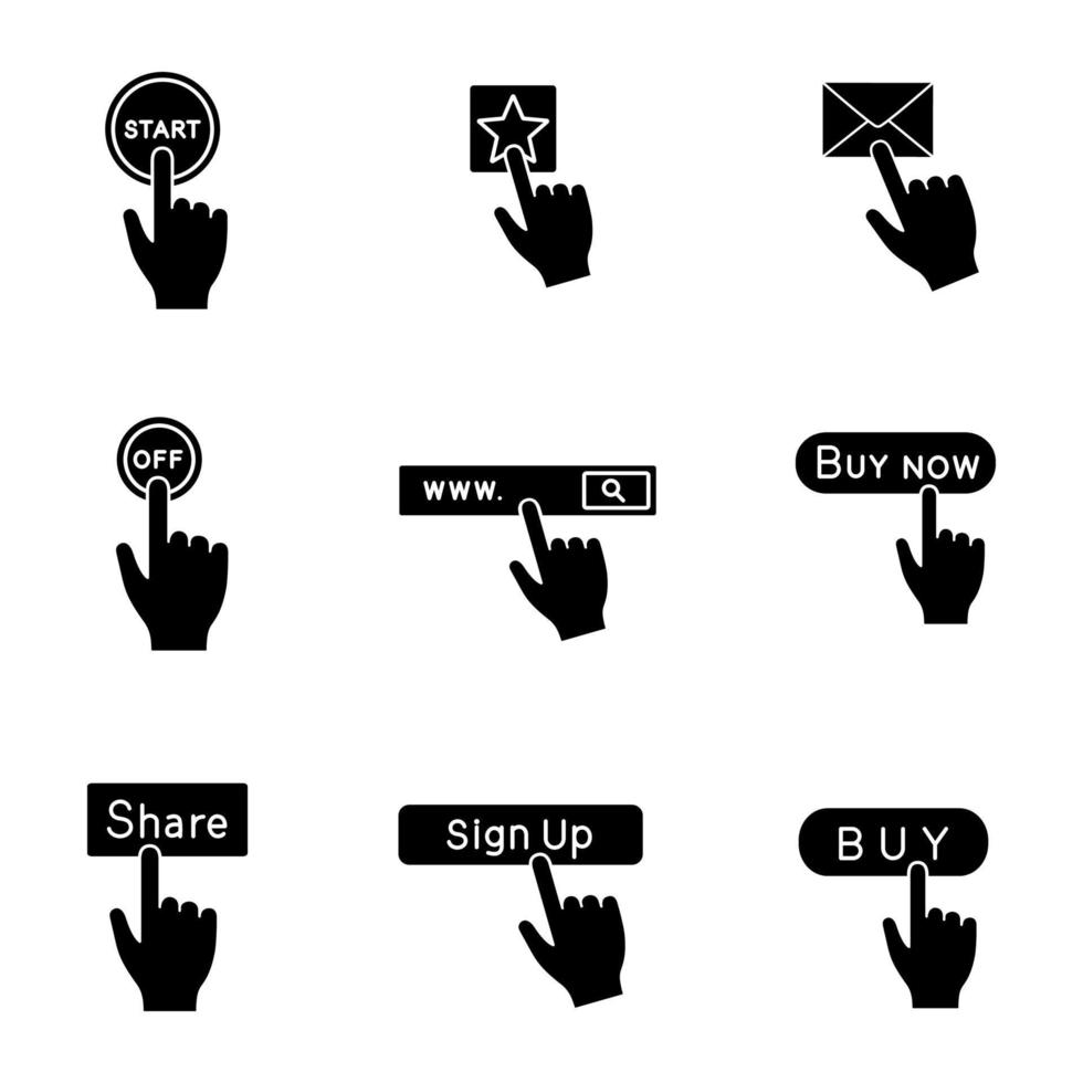 App buttons glyph icons set. Click. Start, add to favorite, message, turn off, search bar, buy now, share, sign up. Silhouette symbols. Vector isolated illustration