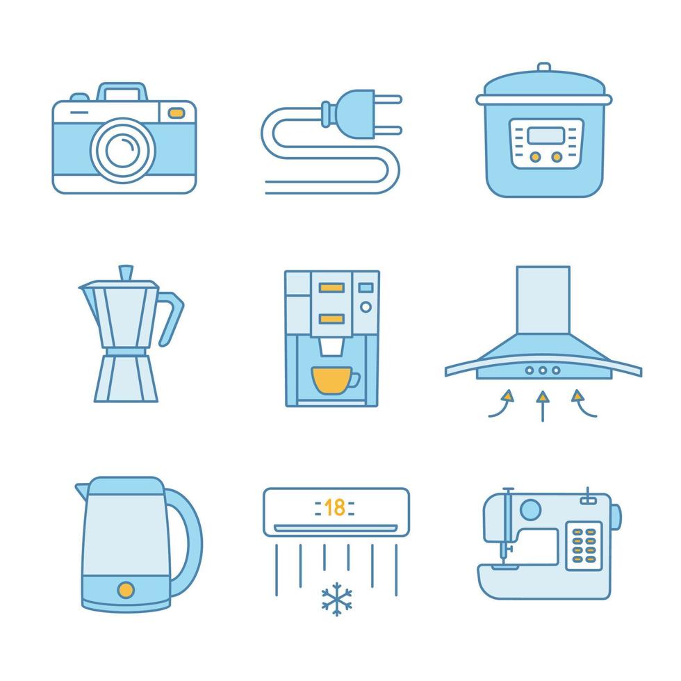 Household appliance color icons set. Photo camera, wire plug, multi cooker, coffee maker, range hood, electric kettle, coffee machine, air conditioner, sewing machine. Isolated vector illustrations