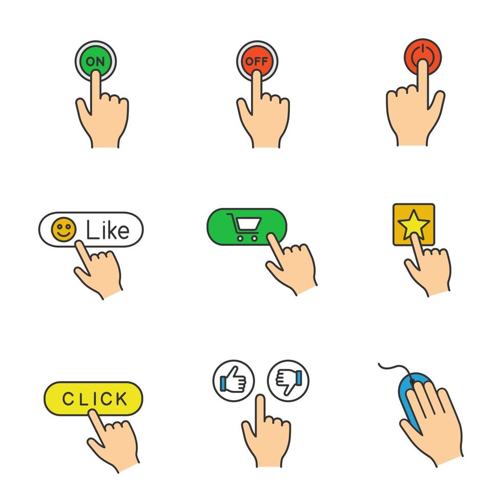conjunto de iconos de color de botones de aplicación. hacer clic. encender y apagar, encender, gustar, comprar, agregar a favoritos, hacer clic, pulgares arriba y abajo, mouse de computadora. ilustraciones de vectores aislados