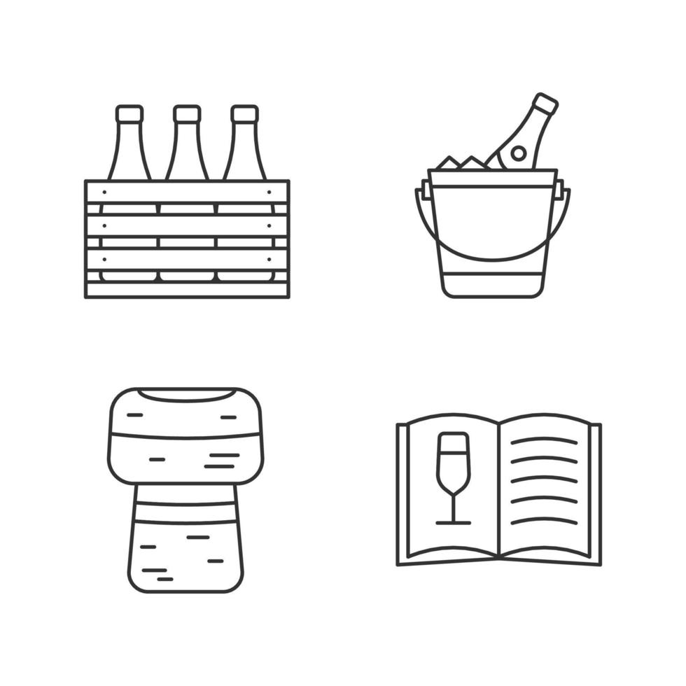 Alcohol linear icons set. Bar. Wine. Beer case, champagne bucket, cork, wine menu. Thin line contour symbols. Isolated vector outline illustrations. Editable stroke