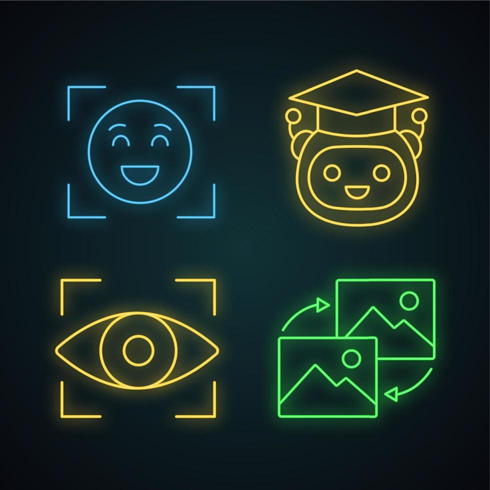 Machine learning neon light icons set. Emotion detection, teacher bot, retina scan, data transforming. Glowing signs. Vector isolated illustrations