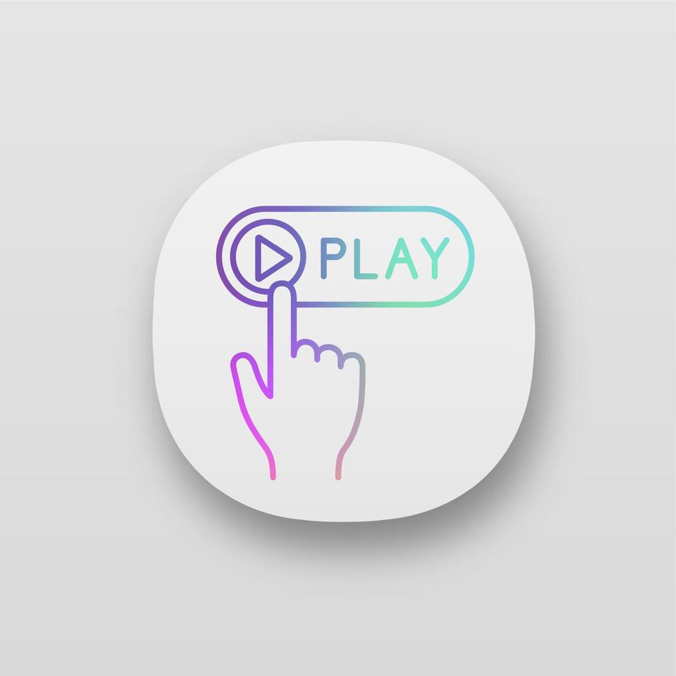 Play button click app icon. UI UX user interface. Multimedia player. Start, launch. Hand pushing button. Web or mobile application. Vector isolated illustration