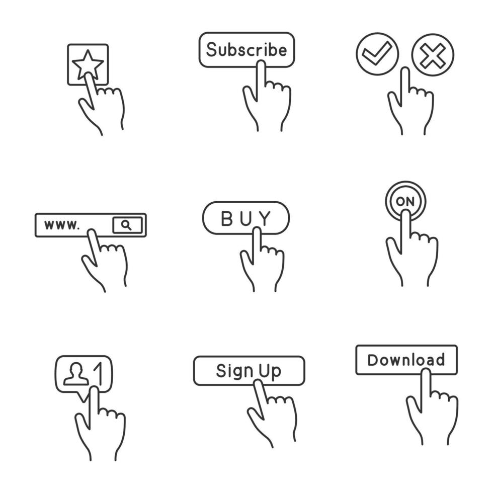 App buttons linear icons set. Favorite, subscribe, accept and decline, search, buy, turn on, follower, sign up, load. Thin line contour symbols. Isolated vector outline illustrations. Editable stroke