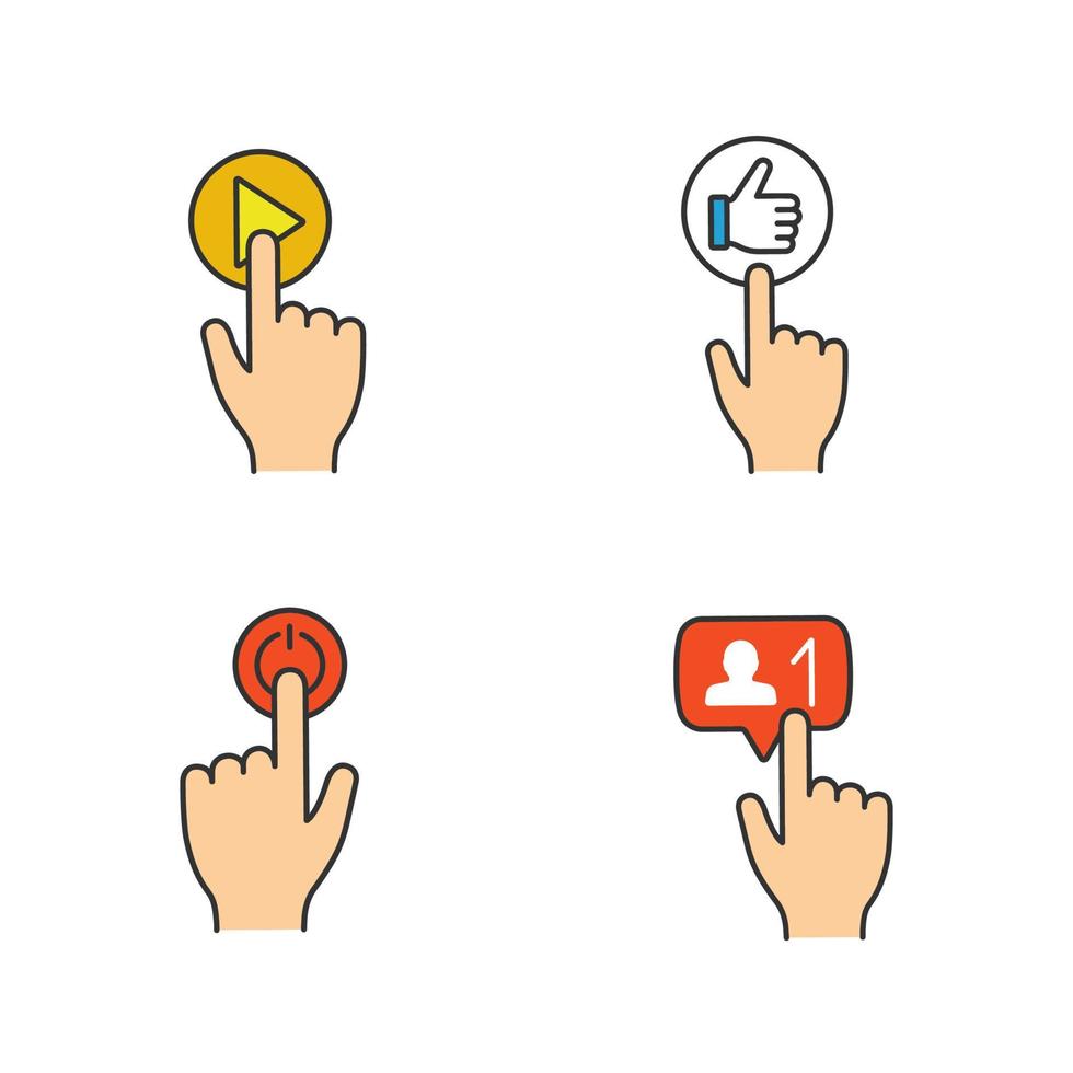 App buttons color icons set. Click. Play, like, power, new follower notification. Isolated vector illustrations