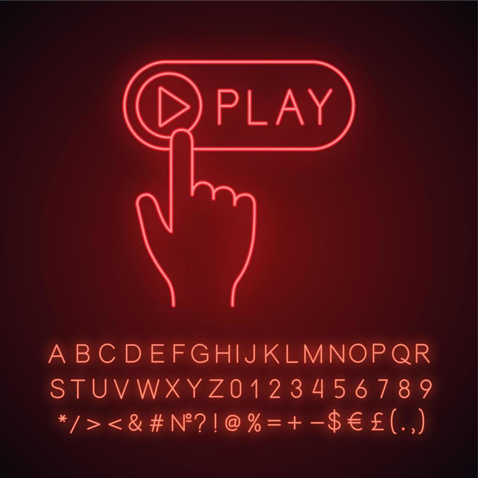 Play button click neon light icon. Multimedia player. Start, launch. Hand pushing button. Glowing sign with alphabet, numbers and symbols. Vector isolated illustration