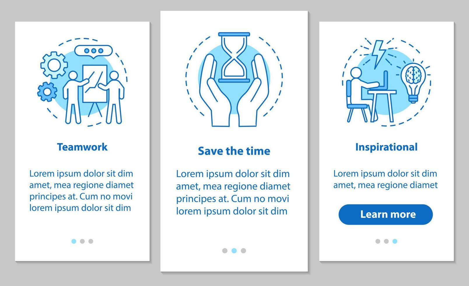Professional success factors onboarding mobile app page screen with linear concepts. Teamwork, time management, inspiration. Steps graphic instructions. UX, UI, GUI vector template with illustrations