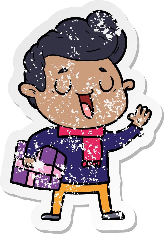 distressed sticker of a happy cartoon man vector