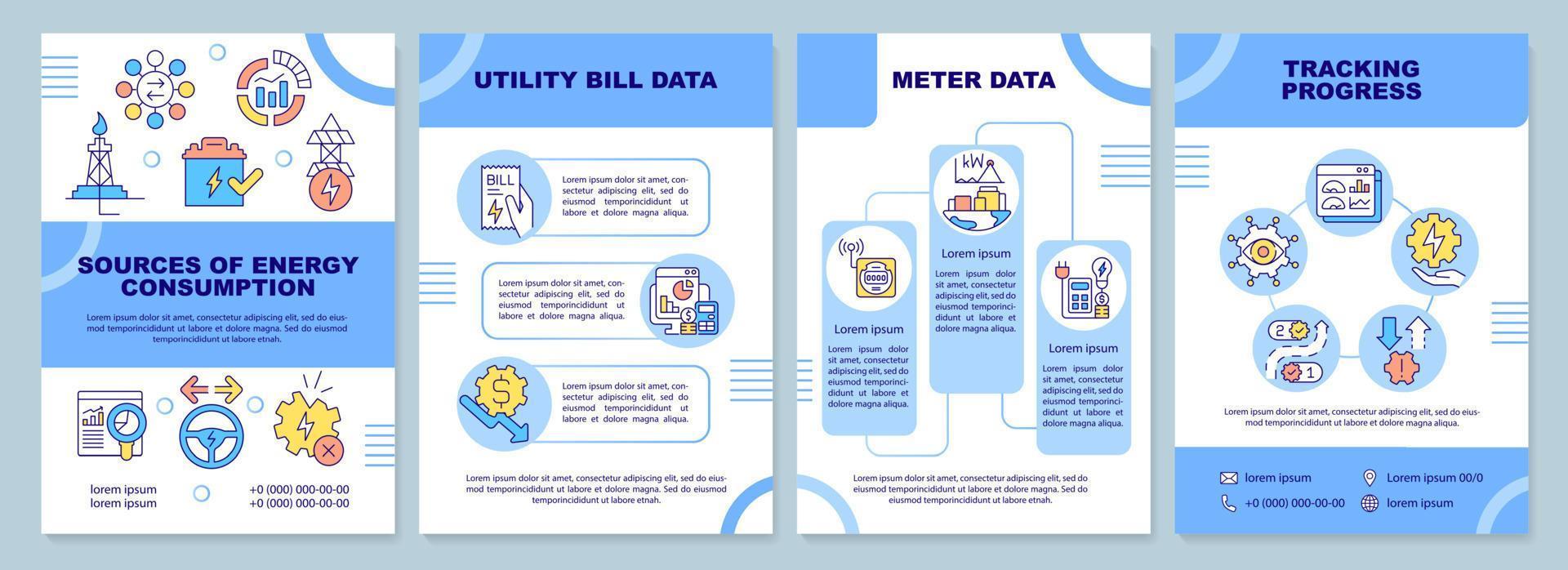 Energy management blue brochure template. Sources of consumption. Leaflet design with linear icons. 4 vector layouts for presentation, annual reports.