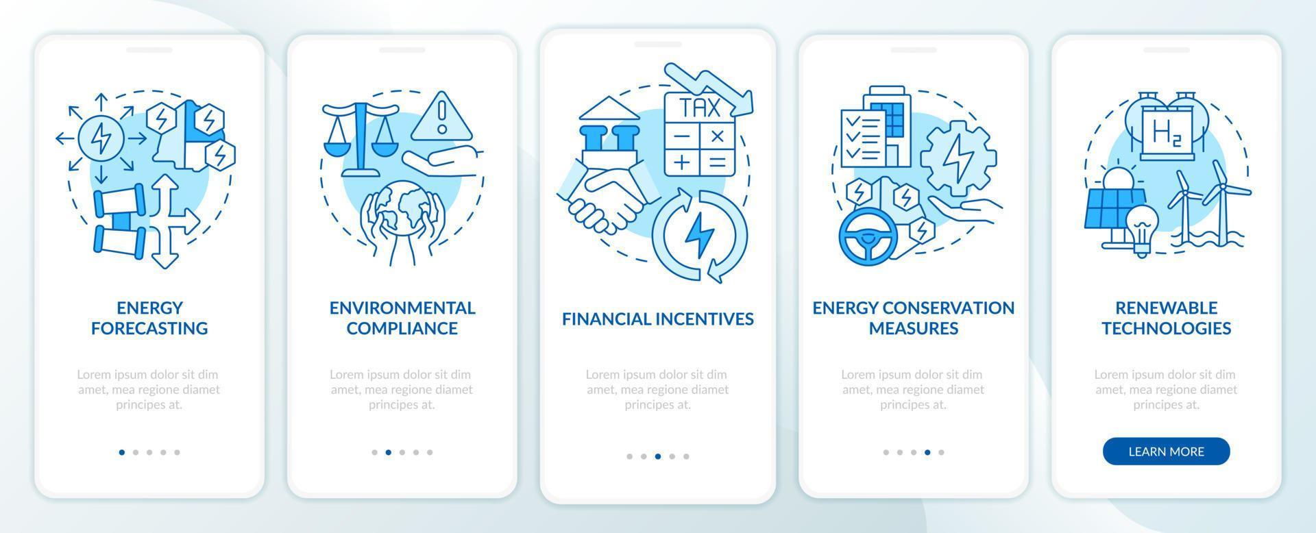 Strategic energy management blue onboarding mobile app screen. Walkthrough 5 steps graphic instructions pages with linear concepts. UI, UX, GUI template. vector