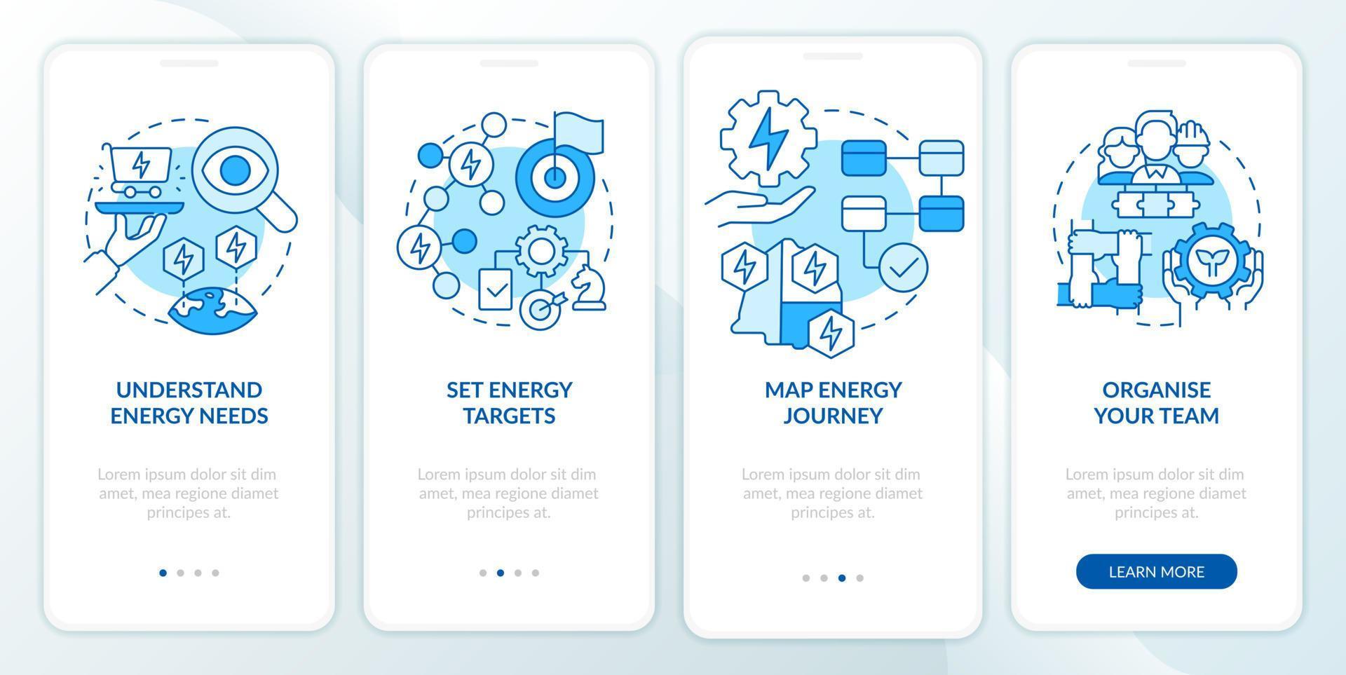 guía para la estrategia energética pantalla de aplicación móvil de incorporación azul. tutorial 4 pasos páginas de instrucciones gráficas con conceptos lineales. interfaz de usuario, ux, plantilla de interfaz gráfica de usuario. vector