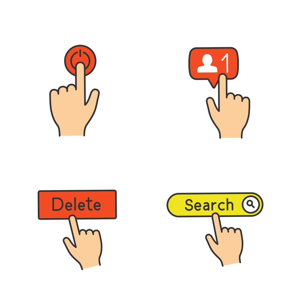 App buttons color icons set. Click. Power, new follower, delete, search. Isolated vector illustrations