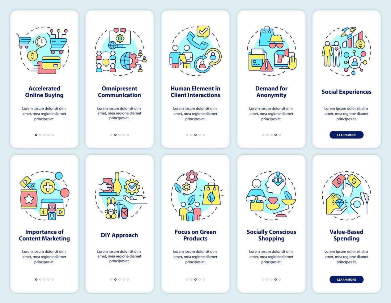 el cliente necesita incorporar el conjunto de pantalla de la aplicación móvil. tutorial de tendencias de comportamiento de los clientes páginas de instrucciones gráficas de 5 pasos con conceptos lineales. interfaz de usuario, ux, plantilla de interfaz gráfica de usuario. vector