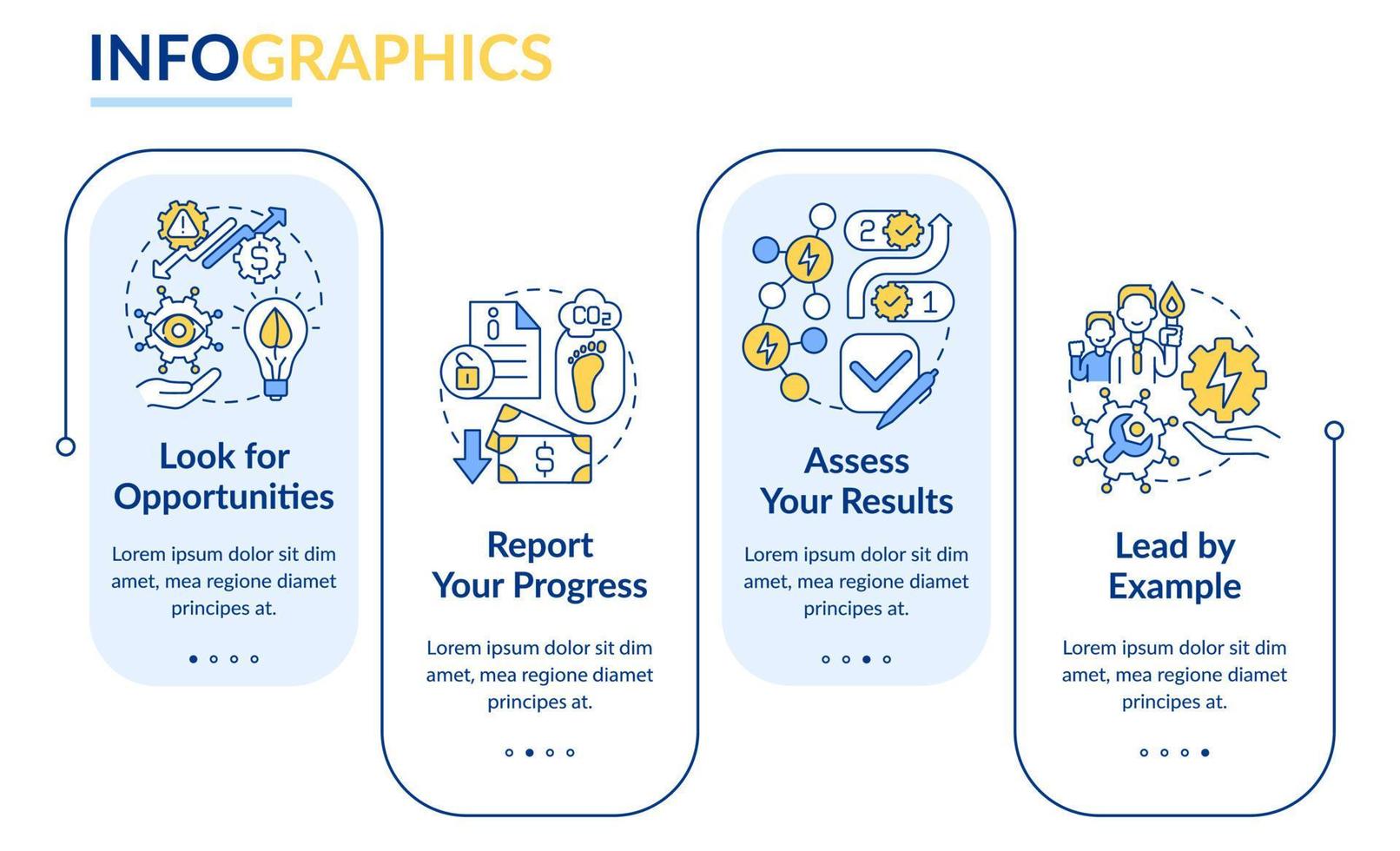 Ways to energy management rectangle infographic template. Lead by example. Data visualization with 4 steps. Process timeline info chart. Workflow layout with line icons. vector