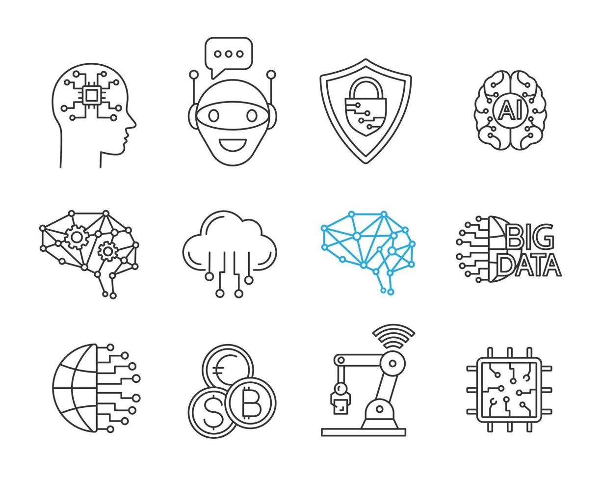 linear icons set. Thin line contour symbols. AI. Internet of things. Digital network. Neurotechnology. Isolated vector outline illustrations. Editable stroke